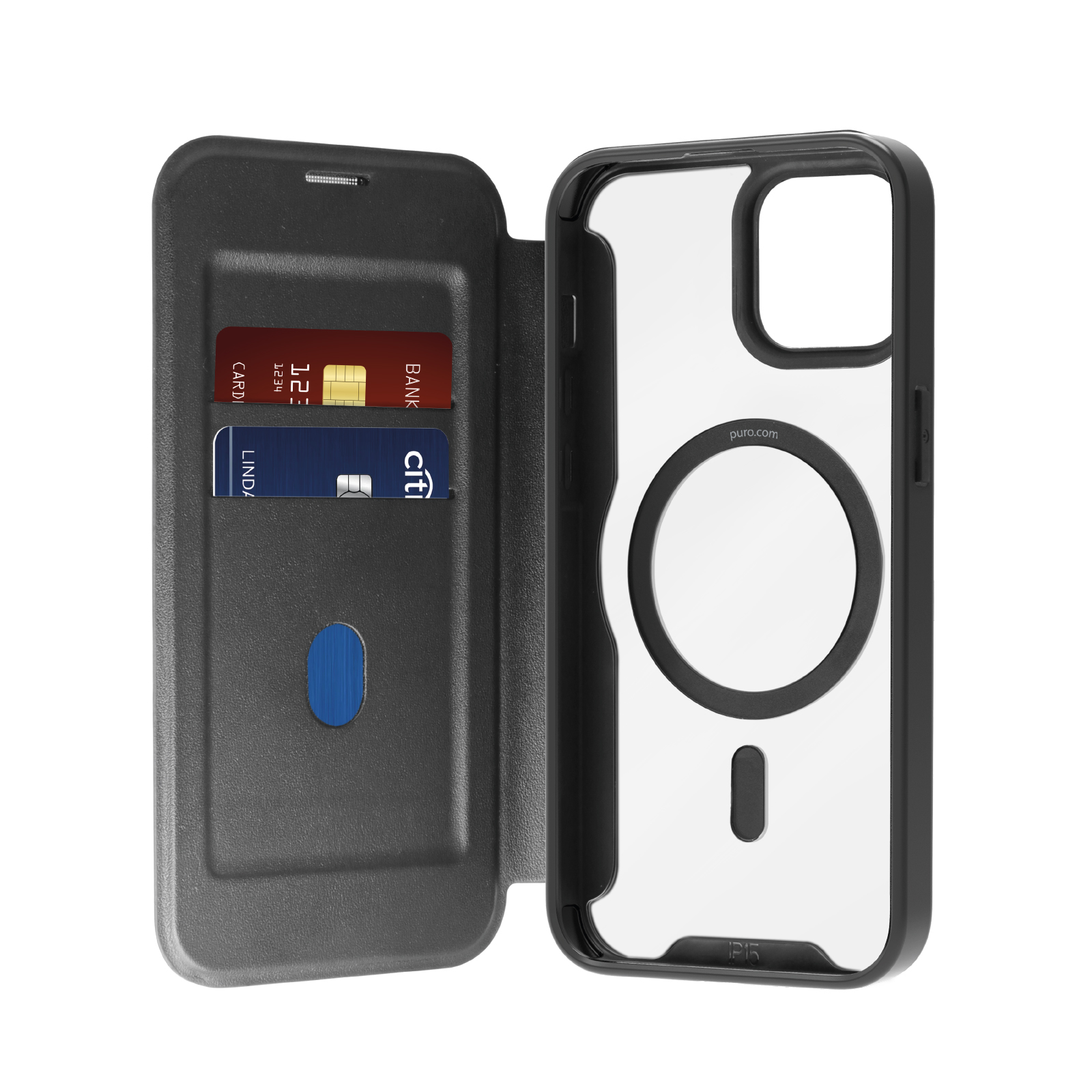 Puro Book Mag MagSafe odinis dėklas su atvartu ir kortelių lizdu telefonui iPhone 16 Plus - juodas