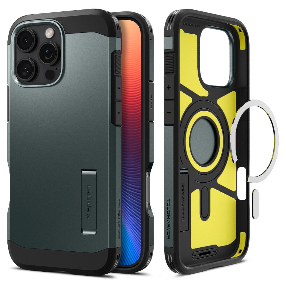 Spigen Tough Armor Magnetinis dėklas su stovu iPhone 16 Pro - žalias