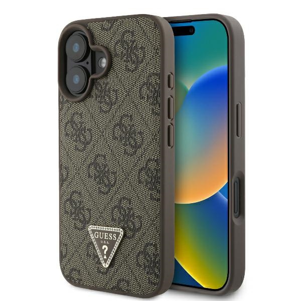 Guess Odinis 4G Triangle Strass Magnetinis dėklas telefonui iPhone 16 Plus - rudas
