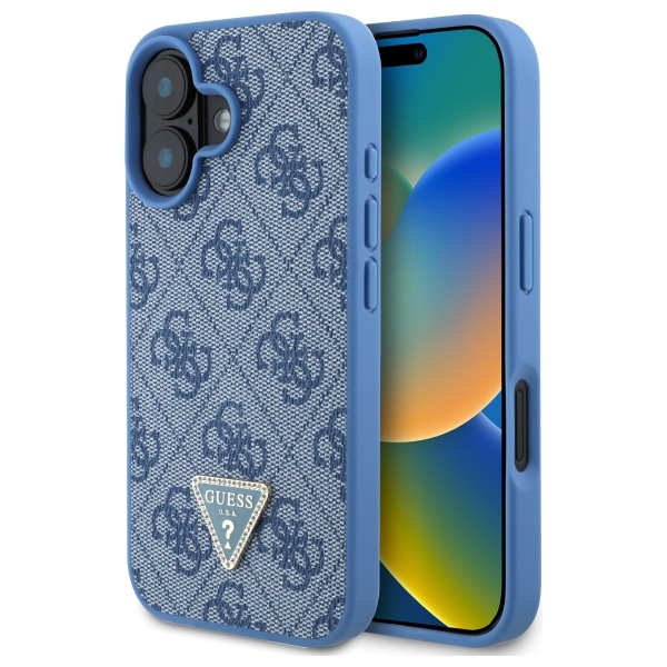 Guess kietas odos 4G trikampio Strass magnetinis dėklas telefonui iPhone 16 - mėlynas