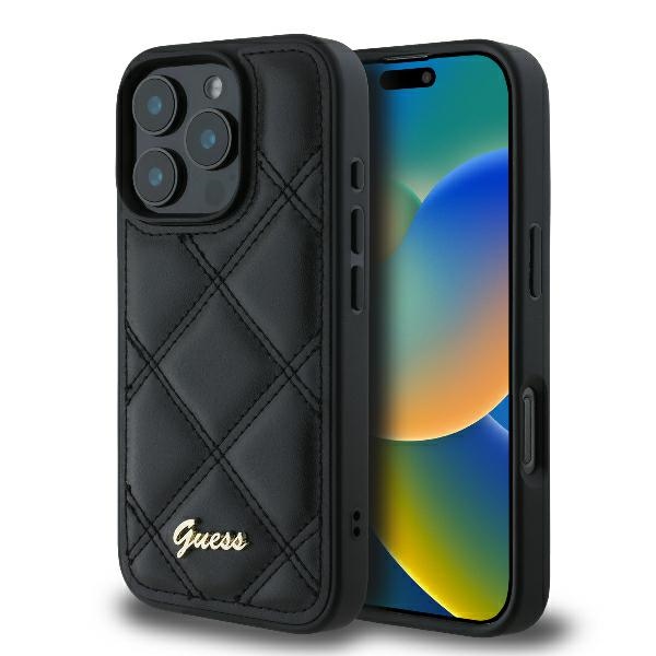 Guess Dygsniuotas Metalinis Logotipas dėklas iPhone 16 Pro Max - juoda