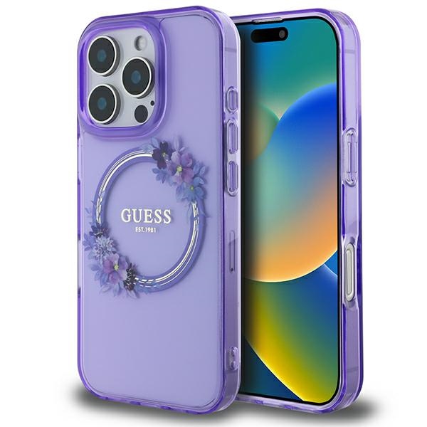 Guess IML Flowers Wreath Magnētinis dėklas iPhone 16 Pro - violetinis