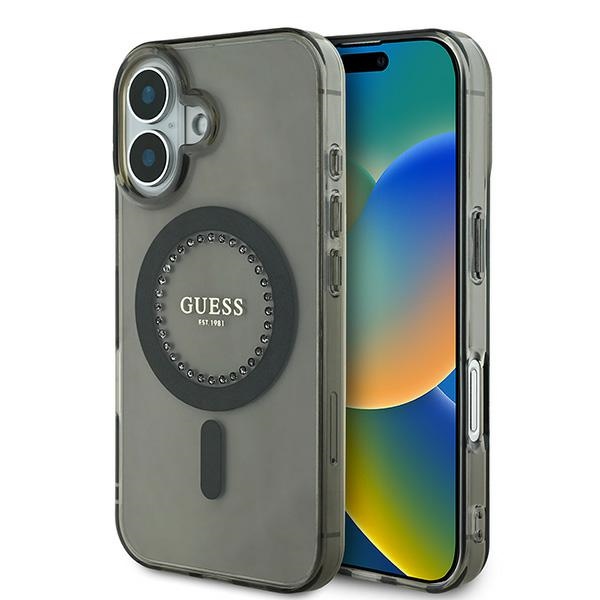 Guess IML Rhinestones Magnetinis dėklas telefonui iPhone 16 - juodas