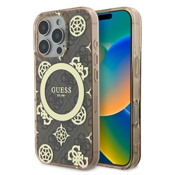 Guess IML bijūnas ant 4G fono Magnetinis dėklas telefonui iPhone 16 Pro - rudas