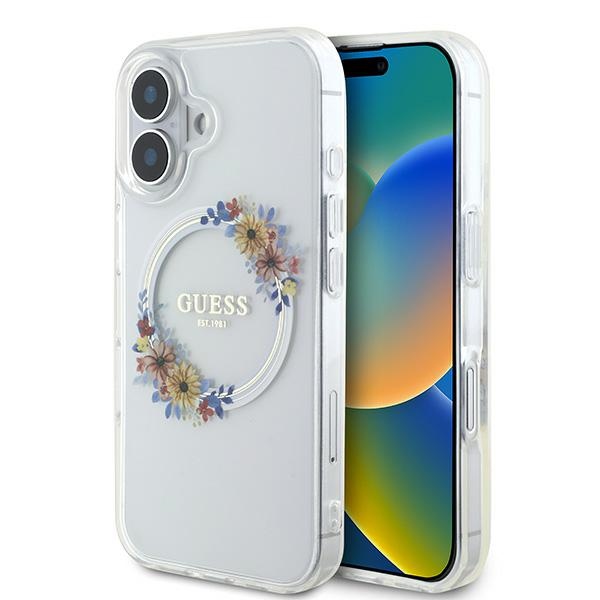 Guess IML Gėlių vainikas Magnetinis dėklas telefonui iPhone 16 Plus - skaidrus