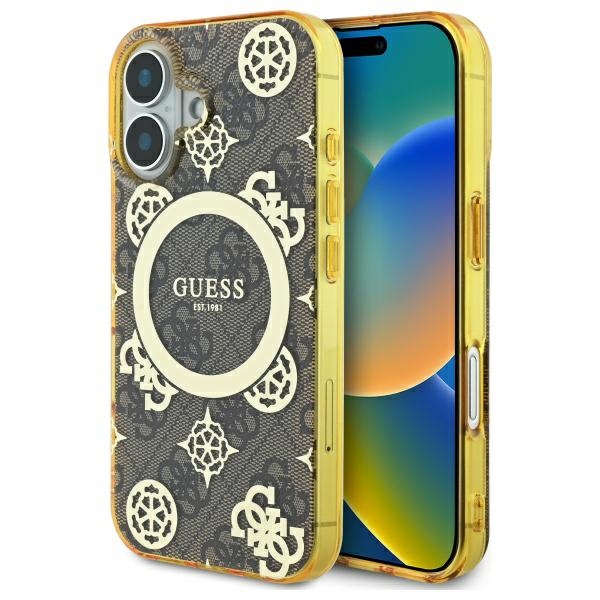 Guess IML Peony On 4G Background MagSafe iPhone 16 dėklas - rudas