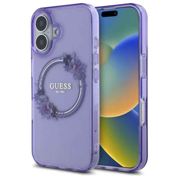 Guess IML Gėlių Vainikas Magnetinis dėklas iPhone 16 - violetinė