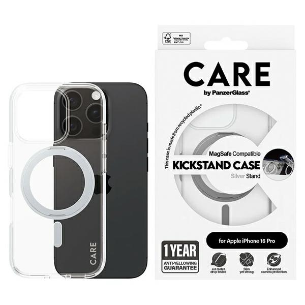CARE by PanzerGlass Funkcinis dėklas telefonui su stovu iPhone 16 Pro 6.3" sidabrinis/sidabrinis Magnetinis 1326