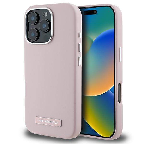Karl Lagerfeld FW Metal Plate magnetinis dėklas telefonui iPhone 16 Pro - rožinis
