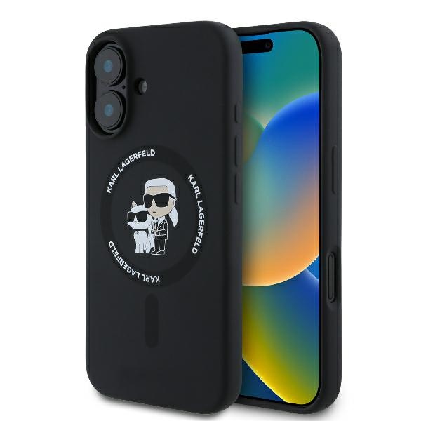 Karl Lagerfeld Silicone Karl&Choupette Heads Ring Magnetinis dėklas iPhone 16 Plus - juodas