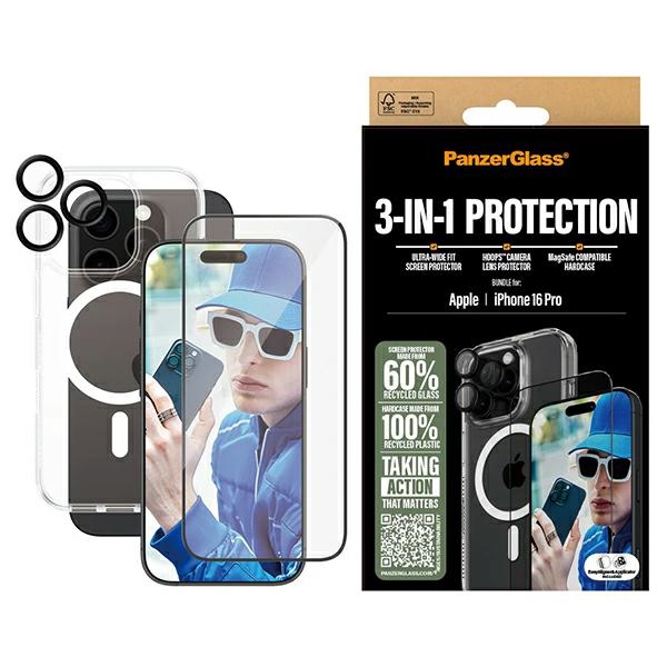 PanzerGlass rinkinys 3in1 iPhone 16 Pro 6.3" D3O kietasis dėklas + Apsauginis stiklas UWF + lęšis B1292+2862+1284