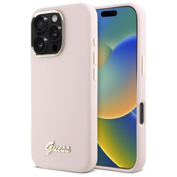 Guess Silikoninis Užrašas Metalinis Logotipas ir Rėmelis Dėklas telefonui iPhone 16 Pro Max - rožinis