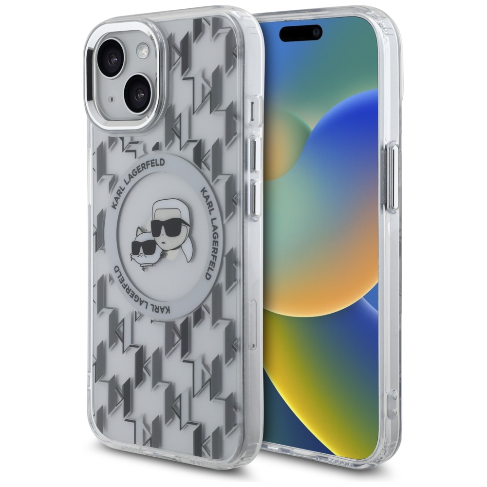 Karl Lagerfeld IML Monograma Karl & Choupette Head Magnetinis iPhone 15 dėklas - skaidrus