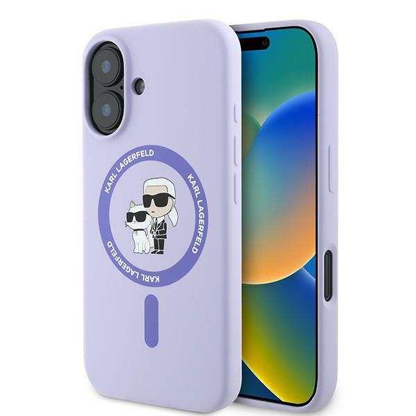 Karl Lagerfeld Silikoninis Karl&Choupette žiedas Magnetinis iPhone 16 dėklas - violetinis