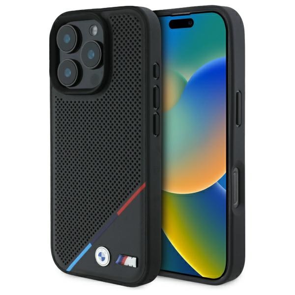 BMW M perforuotas trispalvės linijos magnetinis dėklas telefonui iPhone 16 Pro Max - juodas