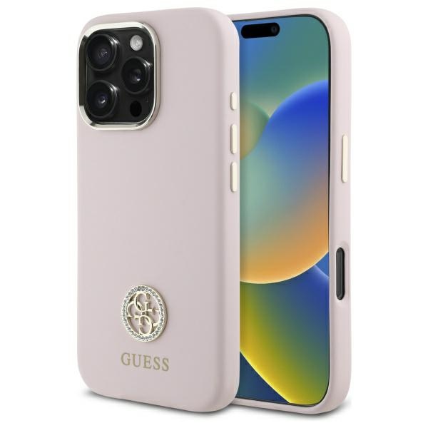 Guess Silikoninis Logo Strass 4G Dėklas iPhone 16 Pro - šviesiai rožinis