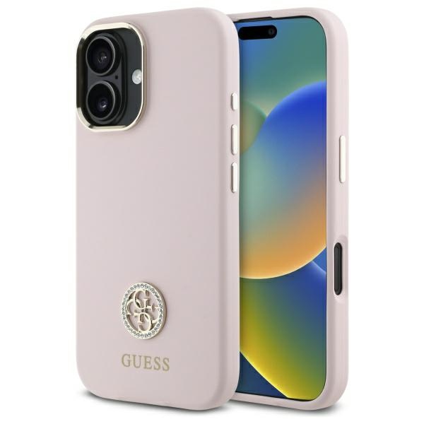 Guess Silicone Logo Strass 4G dėklas iPhone 16 - šviesiai rožinis