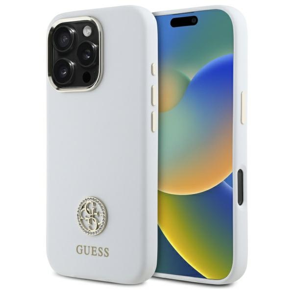 Guess Silicone Logo Strass 4G dėklas iPhone 16 Pro Max - baltas