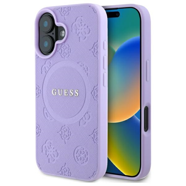 Guess Saffiano Peony Classic Logo Magnetinis dėklas iPhone 16 Plus - violetinis