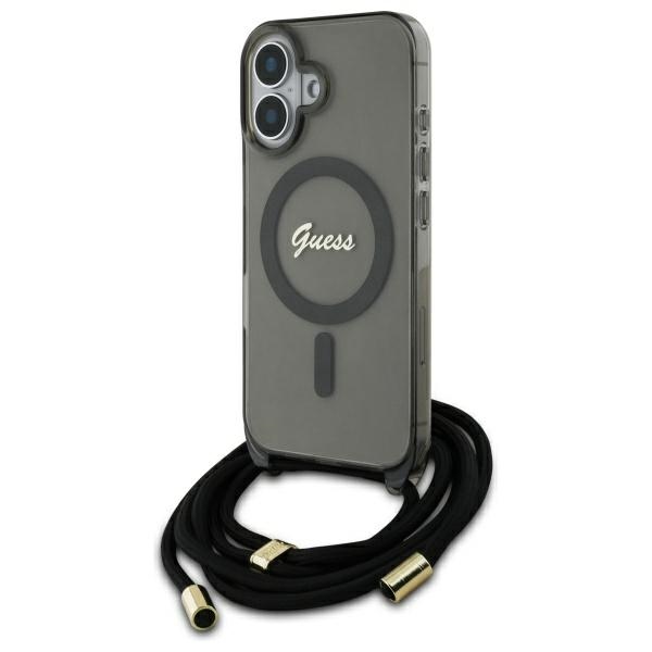 Guess Crossbody Cord Script Magnetinis dėklas iPhone 16 - juodas