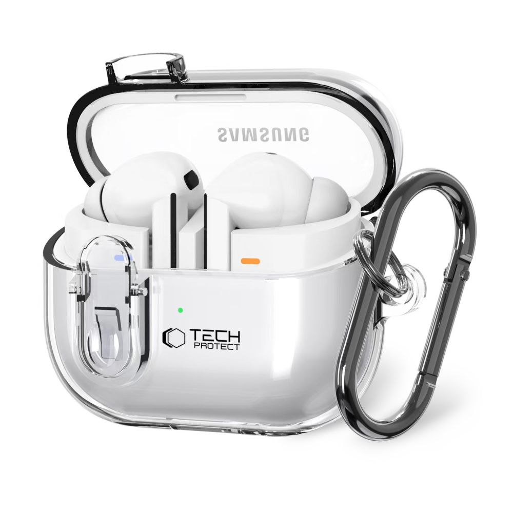 Tech-Protect FlexAir dėklas su karabinu, skirtas Samsung Galaxy Buds 3 / 3 Pro – skaidrus