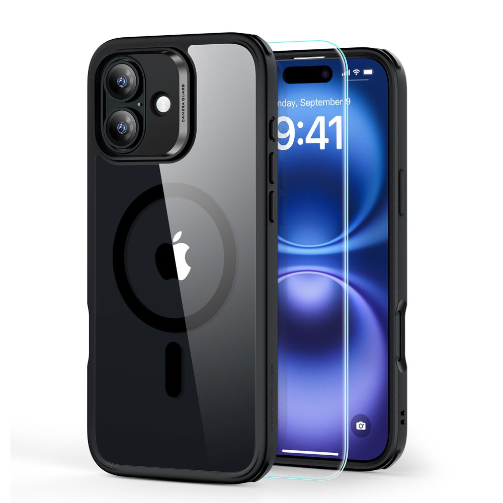 ESR Classic Hybrid Halolock MagSafe komplektas su apsauginiu stiklu iPhone 16 - skaidrus su juodu rėmeliu