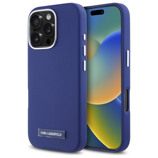 Karl Lagerfeld FW metalinė plokštelė MagSafe iPhone 16 Pro dėklas - mėlynas