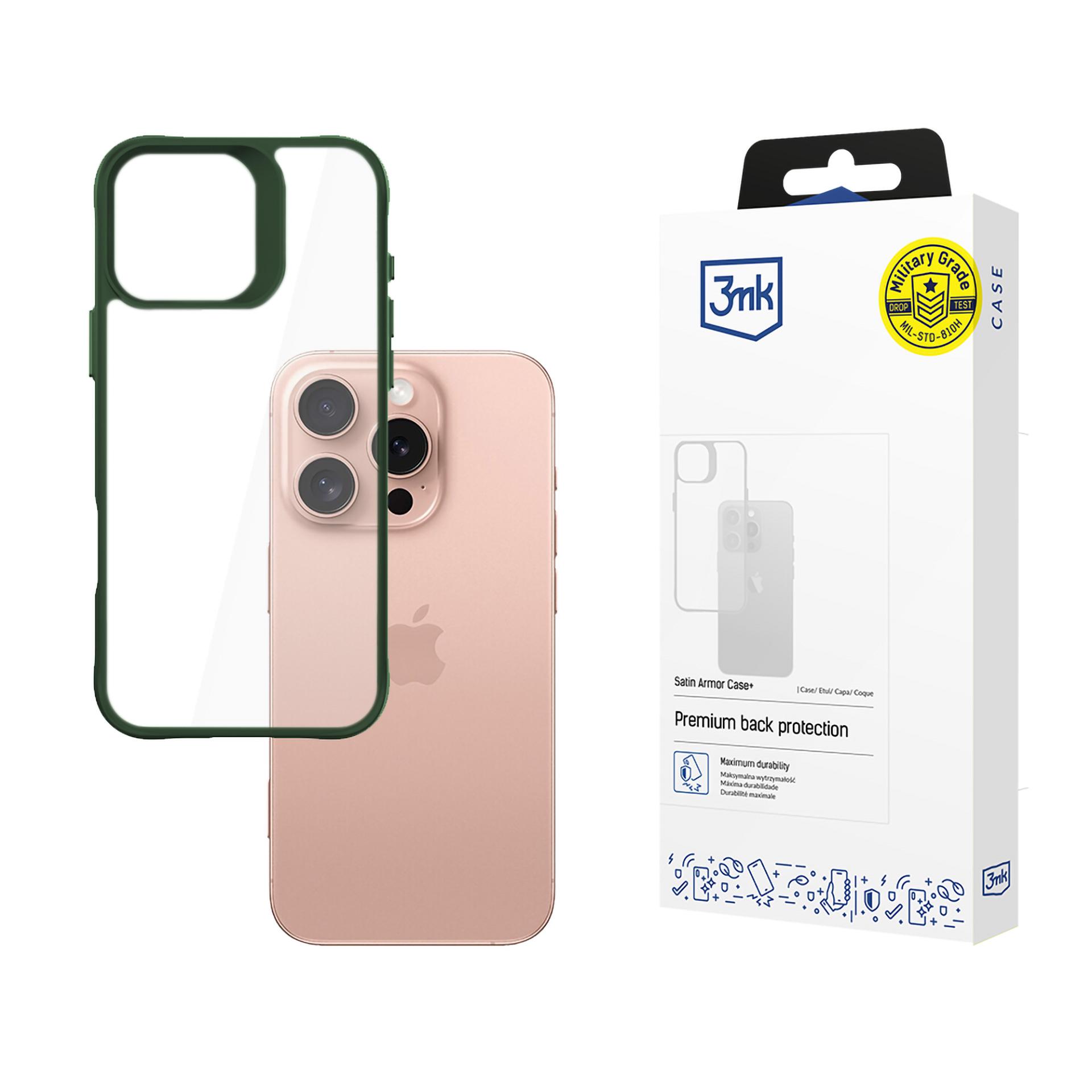 3mk Satin Armor dėklas telefonui Green Apple iPhone 16 Pro – skaidrus