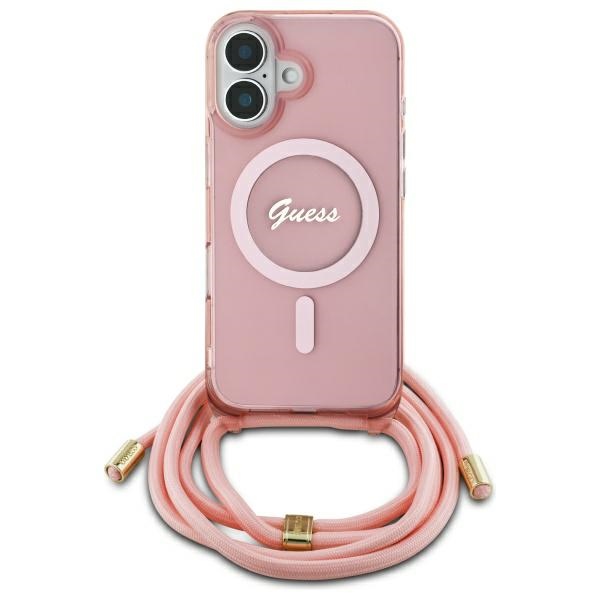 Guess Crossbody Cord Script MagSafe Dėklas telefonui Apple iPhone 16 - rožinis