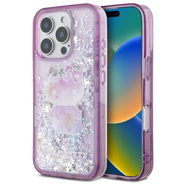Hello Kitty Liquid Glitter 50 metų jubiliejaus vakarėlio dėklas telefonui iPhone 16 Pro Max - violetinis