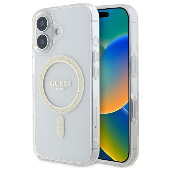 Guess GUHMP16MHFGERET iPhone 16 Plus 6.7" skaidrus kietas dėklas IML Glitter Circle Magnetinis