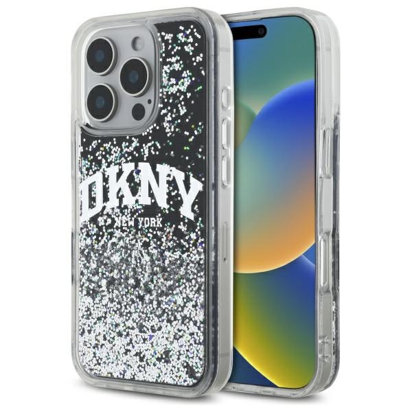 DKNY DKHCP16LLBNAEK iPhone 16 Pro 6.3" juodas/juodas kietas dėklas Liquid Glitter Arch Logo