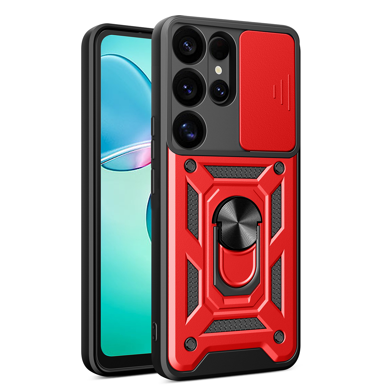 Hibridinis šarvuotas dėklas Camshield su kameros dangteliu ir metaliniu žiedu Samsung Galaxy S25 Ultra - raudonas