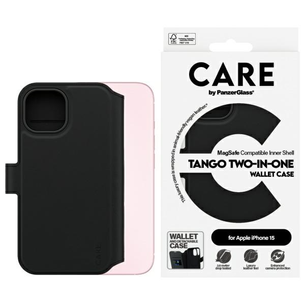 CARE by PanzerGlass Funkcija Tango 2in1 Piniginės tipo dėklas MagSafe iPhone 15 - juodas