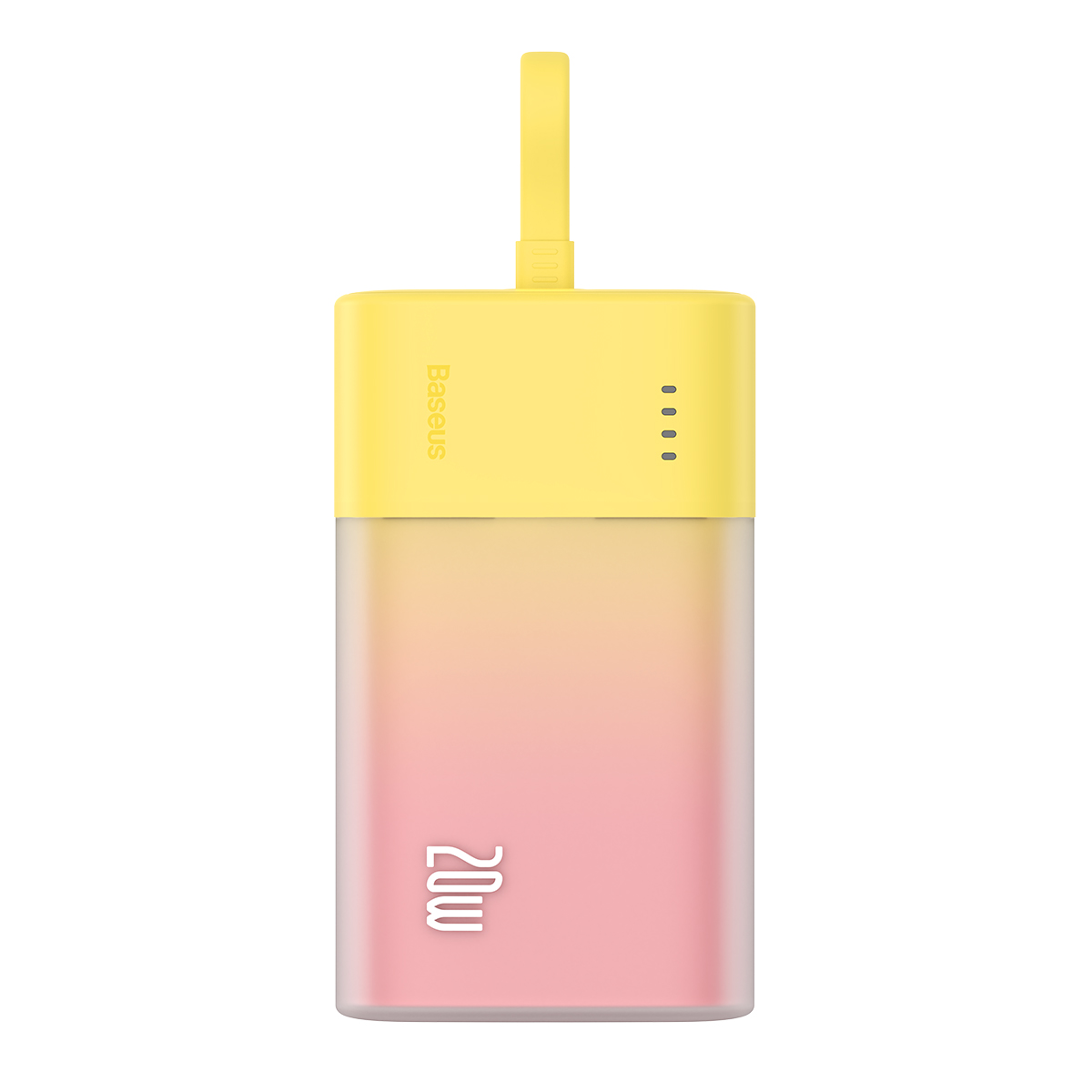 Baseus Popsicle 5200mAh 20W išorinė baterija su įmontuotu Lightning kabeliu (+ baltas Baseus Simple USB-C - USB-C 60W/20V/3A/30cm kabelis) - geltona-rožinė