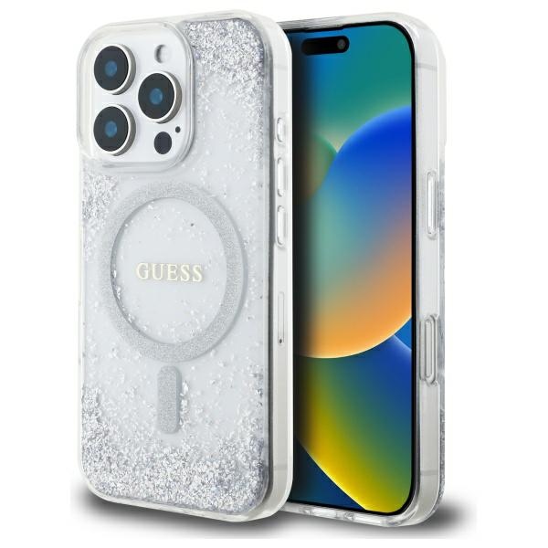 Guess dervos gradientinis blizgus magnetinis dėklas iPhone 16 Pro telefonui – sidabrinis
