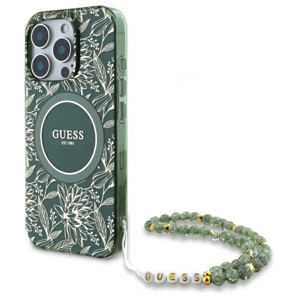 Guess IML Flowers Allover Electro With Pearl Strap MagSafe dėklas telefonui iPhone 16 Pro Max - žalias