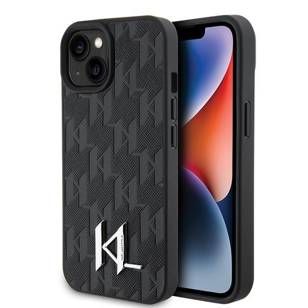Karl Lagerfeld KLHCP15SPKLPKLK iPhone 15 / 14 / 13 6.1" juodas/juodas kietas dėklas Odinė monograma karštas štampas metalinė logotipas