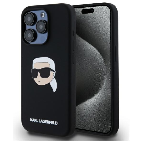 Karl Lagerfeld KLHMP15LSKHPPLK iPhone 15 Pro 6.1" juodas/juodas kietas dėklas Silikoninis Karl galvos spaudinys MagSafe