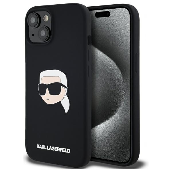 Karl Lagerfeld KLHMP15SSKHPPLK iPhone 15 6.1" juodas/juodas kietas dėklas Silikoninis Karl galvos spaudinys MagSafe