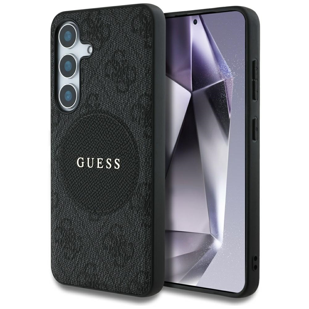 Dėklas telefonui Guess 4G Round Patch Classic Logo MagSafe Samsung Galaxy S25 Plus juodas