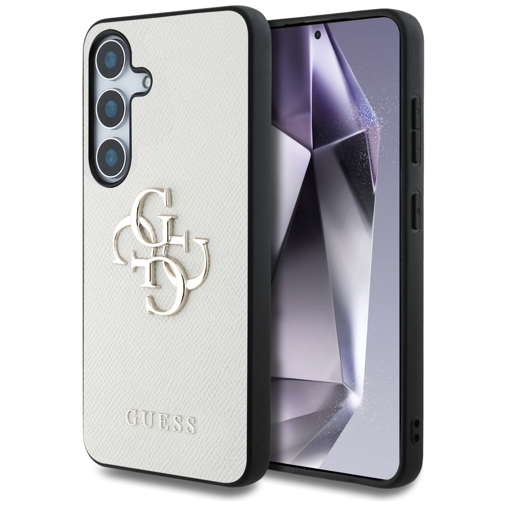 Guess Grained Big 4G Logo Small Classic Logo dėklas telefonui Samsung Galaxy S25 smėlio spalvos