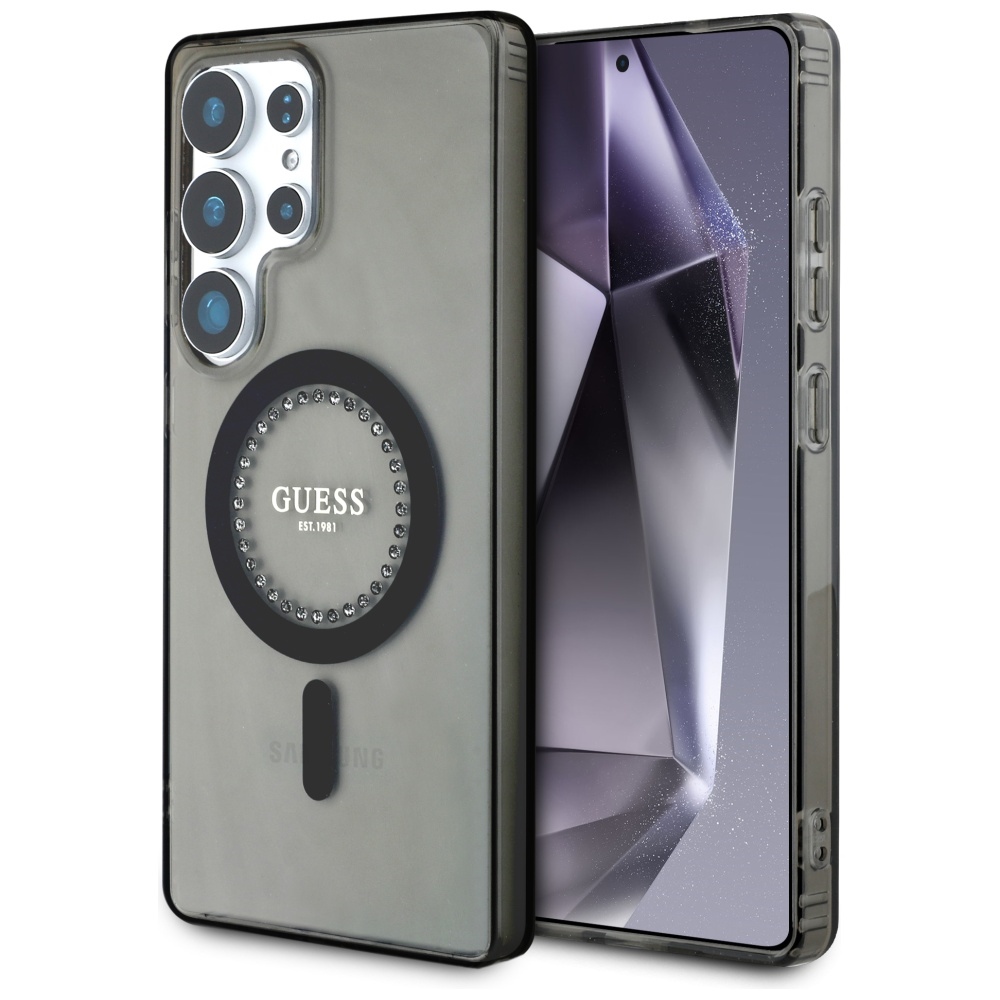 Guess Krištolai Spausdintas Klasikinis Logotipas Magnetinis Samsung Galaxy S25 Ultra dėklas juoda