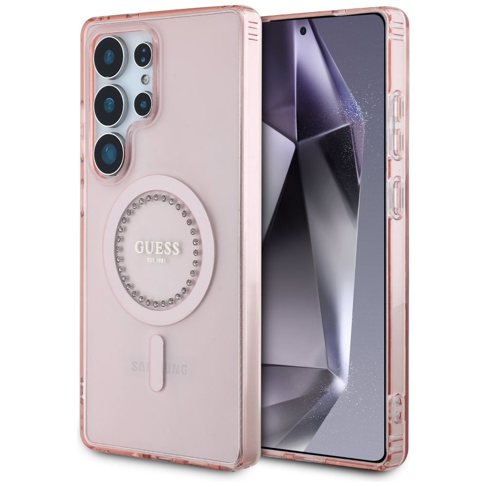 Guess Krištolai Spausdintas Klasikinis Logotipas Magnetinis Samsung Galaxy S25 Ultra Dėklas rožinė