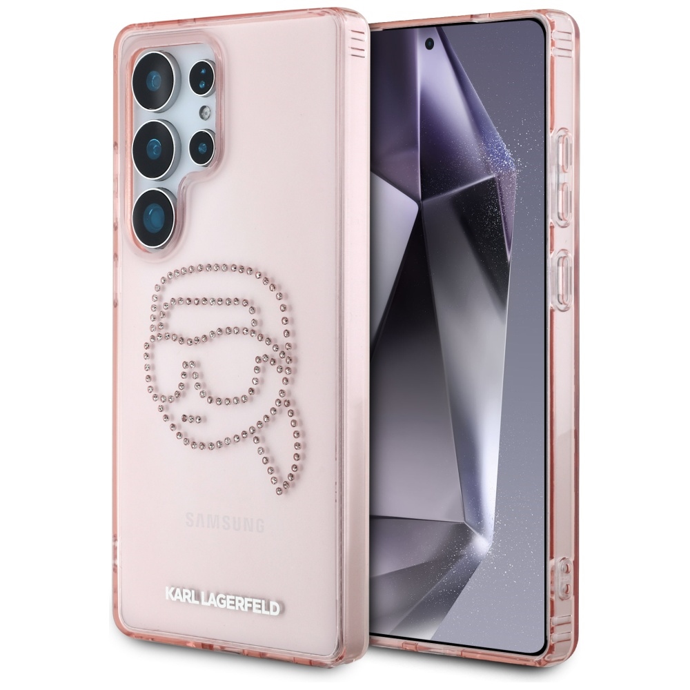 Karl Lagerfeld dėklas telefonui su kalnų krištolais K. Head logotipu Samsung Galaxy S25 Ultra rožinis