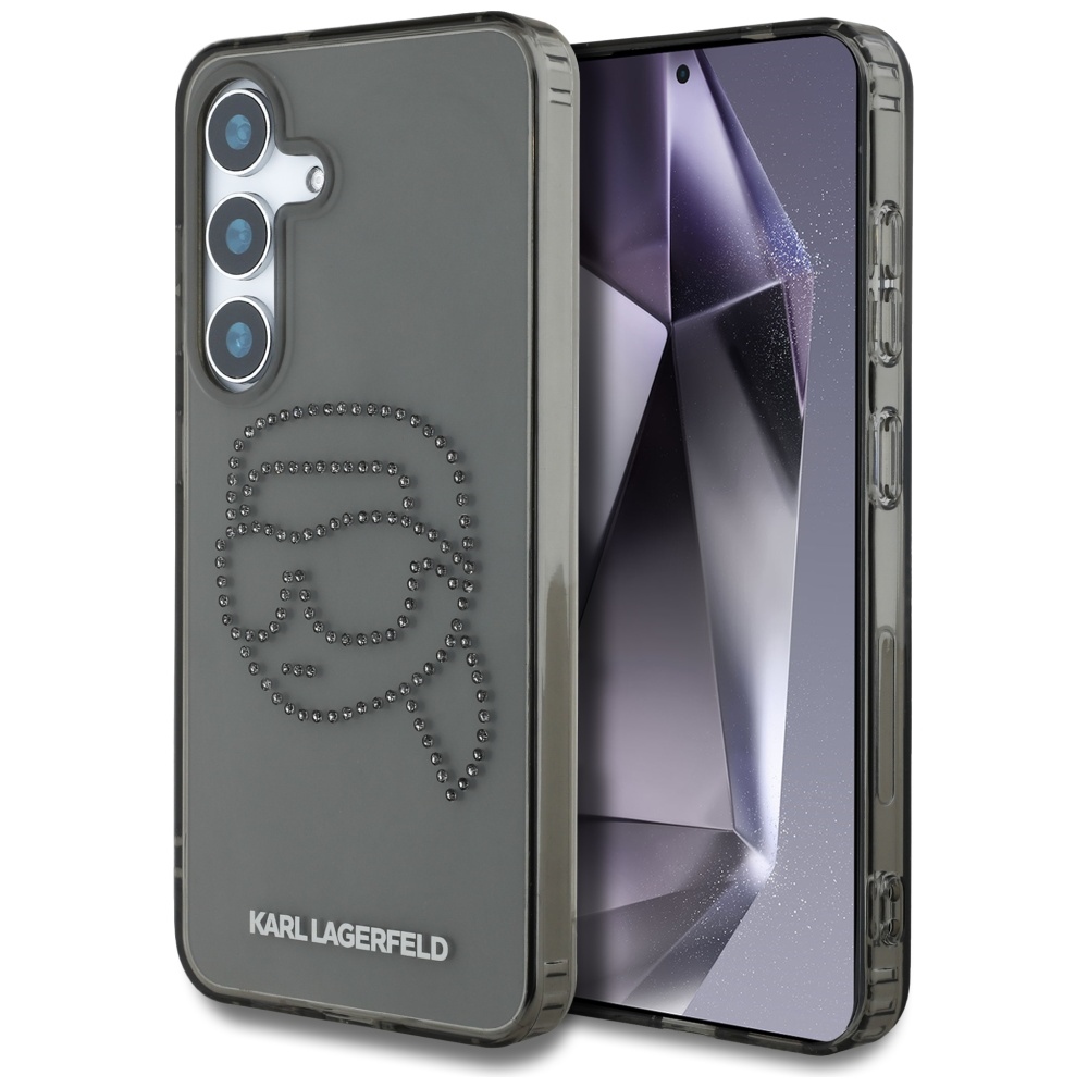 Karl Lagerfeld dėklas telefonui su kalnų krištolais Karl Head logotipu Samsung Galaxy S25 juodas
