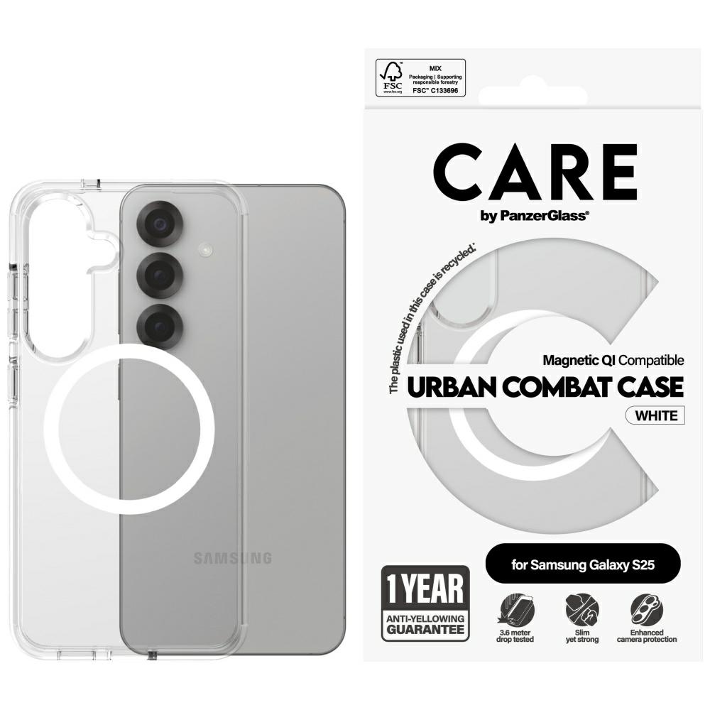 CARE by PanzerGlass Flagship Urban Combat White QI dėklas telefonui Samsung Galaxy S25 - permatomas