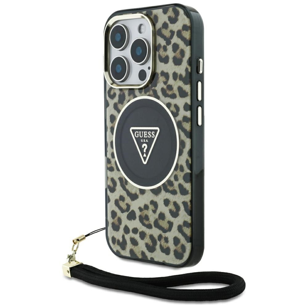 Guess HC IML leopardas trikampio virvelės dirželis MagSafe dėklas iPhone 16 Pro - rudas