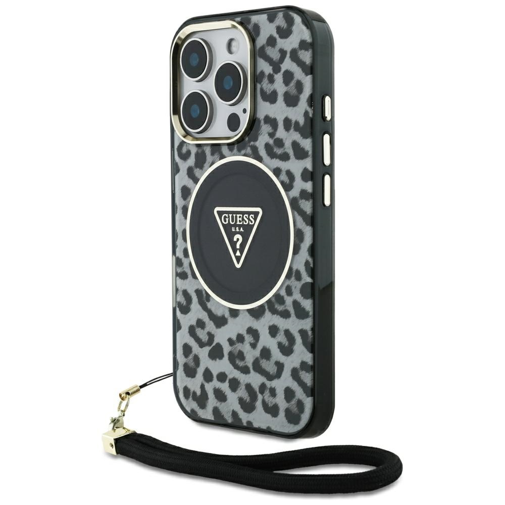 Guess HC IML leopardas trikampio virvelės dirželis MagSafe dėklas iPhone 16 Pro - juodas