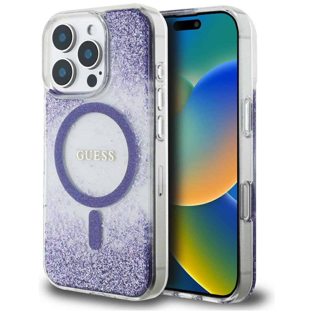 Guess HC Resin Bottom Glitter Magnetinis dėklas iPhone 16 Pro - violetinis